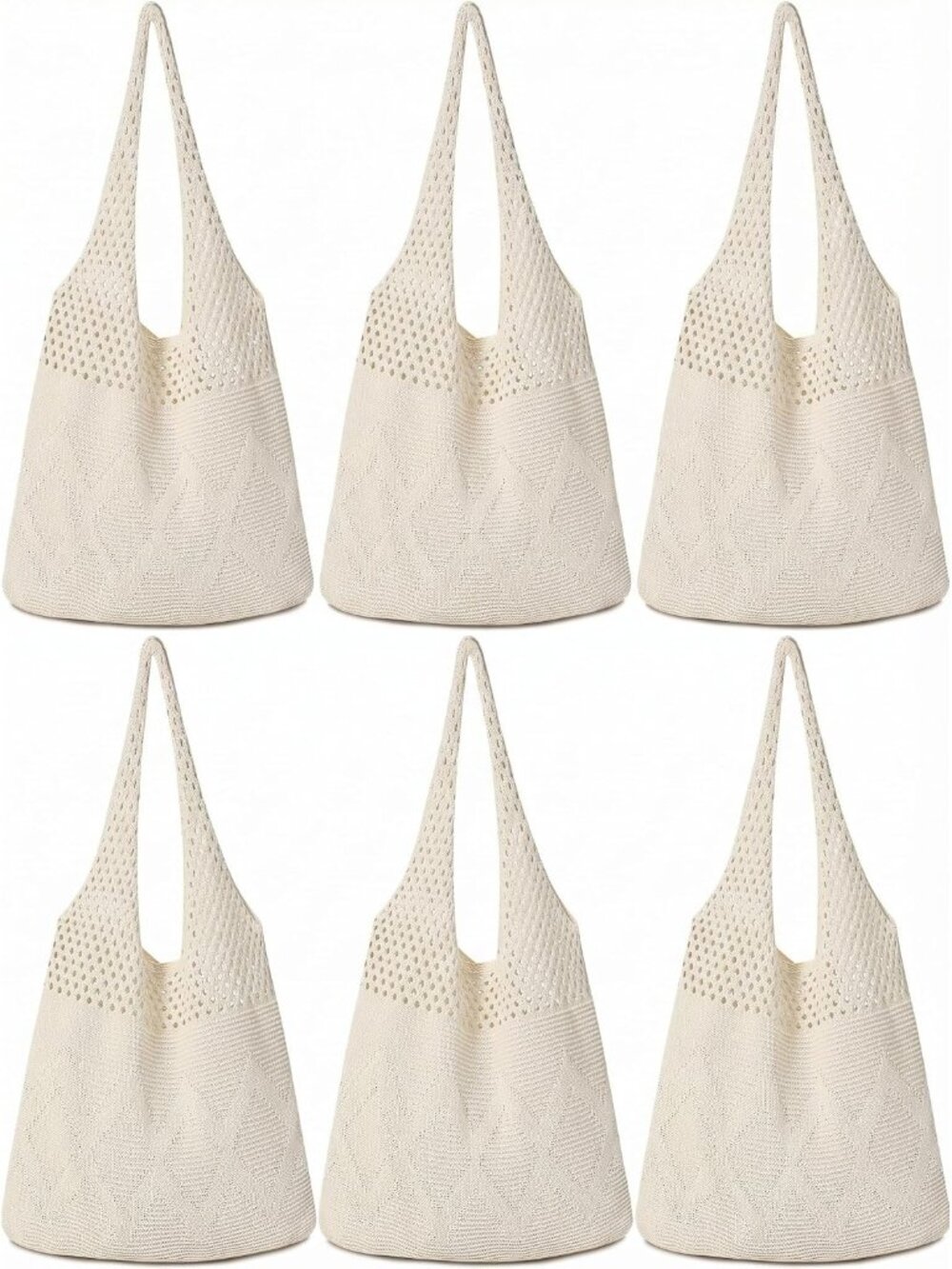 6 Pack Beige Crochet Tote Bags for Women 15.2 x 7.2 x 14in Mesh Beach Bag Hollow